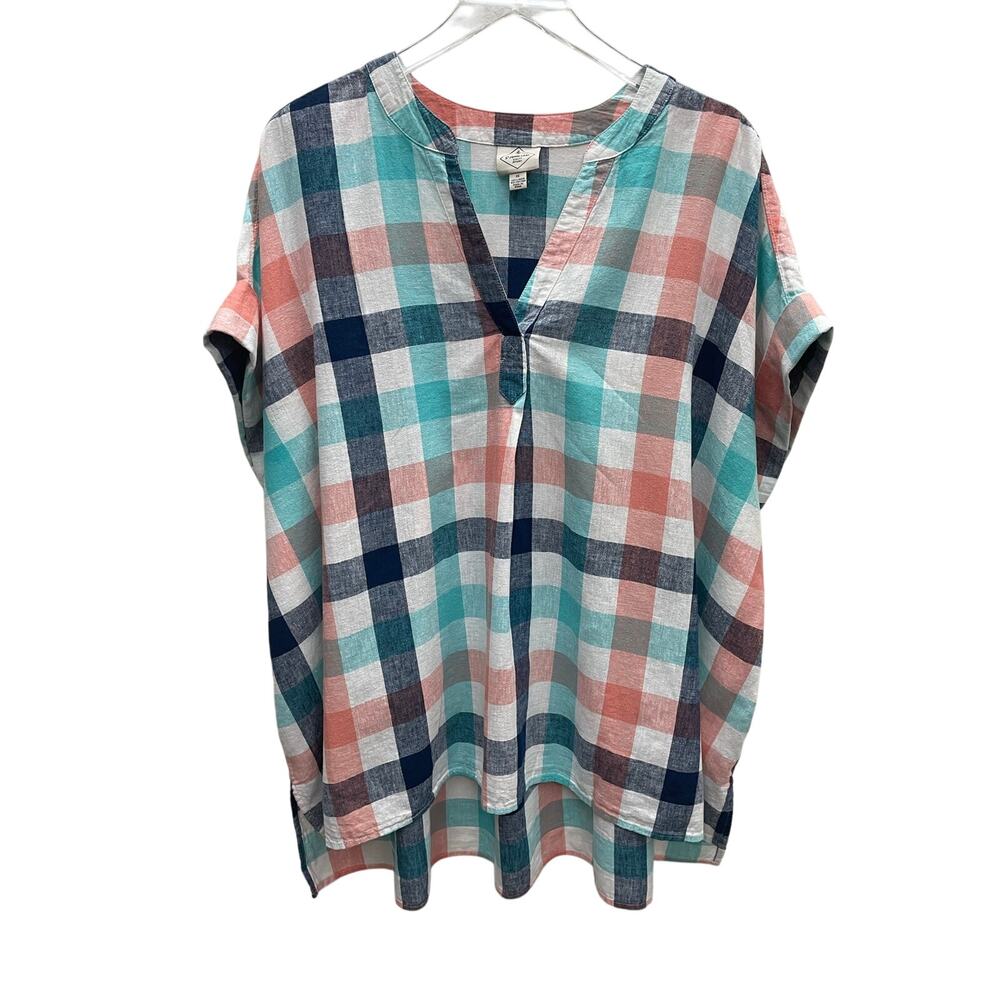 St John’s Bay Linen Blend Plaid Split Neck Tunic Top Size 1X